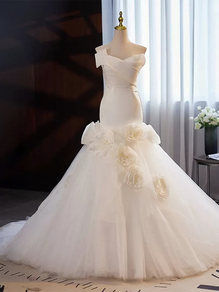 satin and tulle mermaid wedding dress Off Shoulder Satin Mermaid Bridal Dress With Tulle Train Ivory Wedding Dresses,MW346