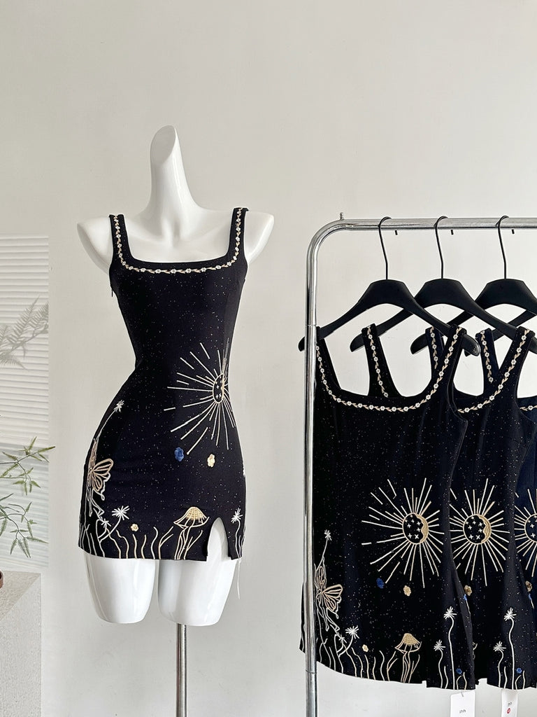 Starry Night Inspired Patterns Diamond Bodycon Dress L / Navy Starry Night Inspired Patterns Diamond Bodycon Dress L / Navy