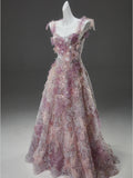 Tulle Tie Shoulder A Line Purple Flowers Prom Dress