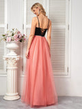 A Line Pink V Neck Bow Tulle Prom Dress