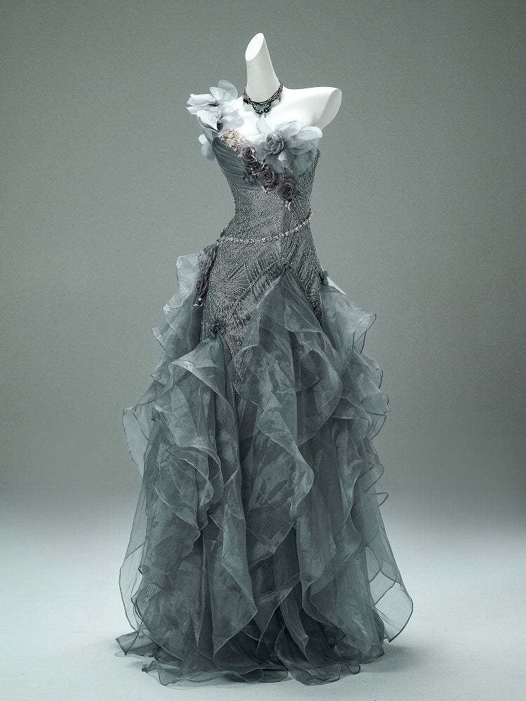 One Shoulder A Line Beading Gray Sliver Flower Prom Dress Sassymyprom One Shoulder A Line Beading Gray Sliver Flower Prom Dress Sassymyprom