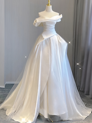 Tulle A Line Ruffles Off The Shoulder Wedding Dress
