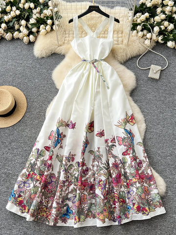 Exquisite Floral Butterfly Motif Cinched Waist Dress