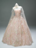 Ball Gown Sequin Tulle Pink Flower Prom Dress