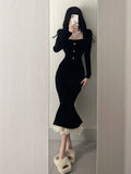 Long Sleeve Sleek Pearl Buttons Black Midi Dress