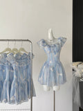 Cinched Waist Flared Skirt Blue Floral Dress