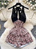 Pink Leopard Black Lace Stylish Halter Romper