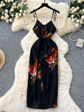 Floral Prints Black Straps Vibrant Maxi Dress