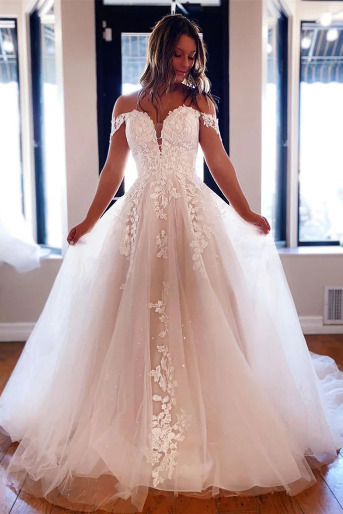 2023 Light Champagne Lace Chapel Train Off the Shoulder Wedding