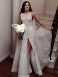 One Shoulder Floral Appliques Gray Wedding Dress
