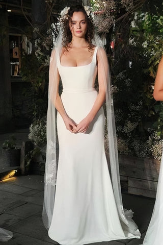 Open Back Satin Mermaid Square Neck Backless Wedding Dress