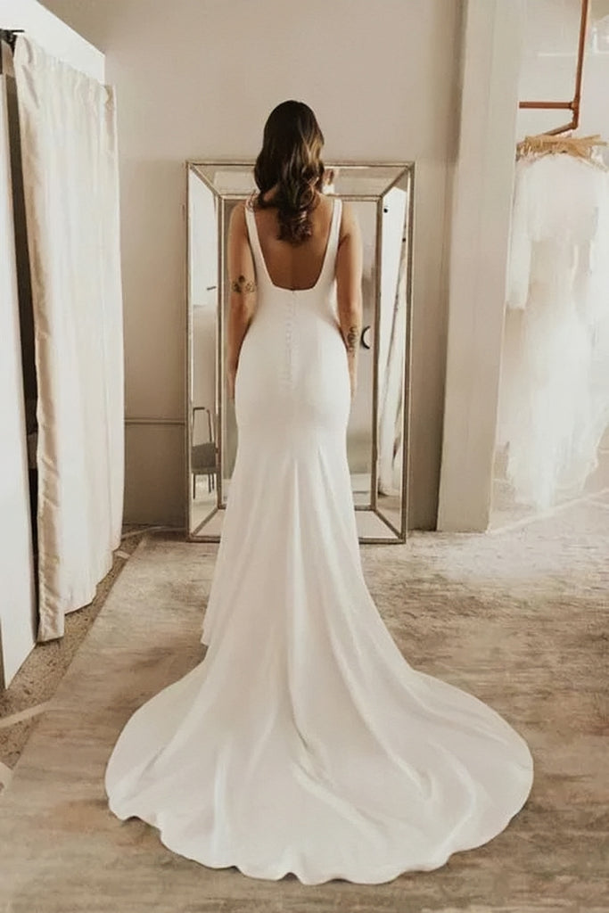 2023 Open Back Satin Mermaid Square Neck Backless Wedding Dress Sassymyprom 2023 Open Back Satin Mermaid Square Neck Backless Wedding Dress Sassymyprom