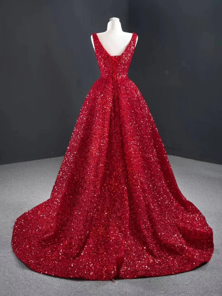 red sequin high low dress Red Sequin Cowl Neck Lace-Up Back High-Low Prom Dress