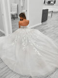 Sweetheart V Neck White Lace High Slit Wedding Dress