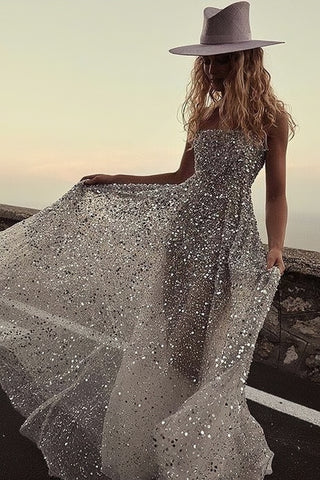 Sequin A Line Strapless Tulle Wedding Dress