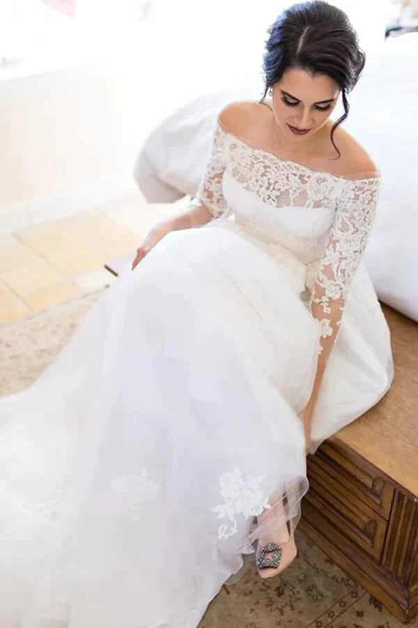 off shoulder 3/4 sleeve wedding dress Aspen Off the Shoulder Wedding Dress with Sleeves