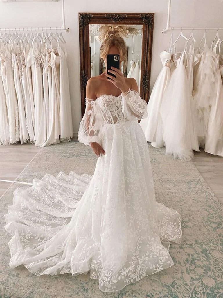 2023 Lace Sweetheart A Line Bridal Wedding Dress With Detachable Puff Sleeves US8 / White 2023 Lace Sweetheart A Line Bridal Wedding Dress With Detachable Puff Sleeves US8 / White