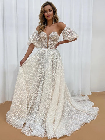 Detachable Puff Sleeves A Line Polka Dots Wedding Dress