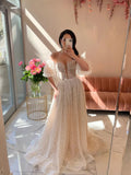 Detachable Puff Sleeves A Line Polka Dots Wedding Dress