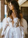 See Through Detachable Long Sleeves Appliques Bohemian Wedding Dress