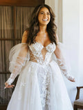 See Through Detachable Long Sleeves Appliques Bohemian Wedding Dress