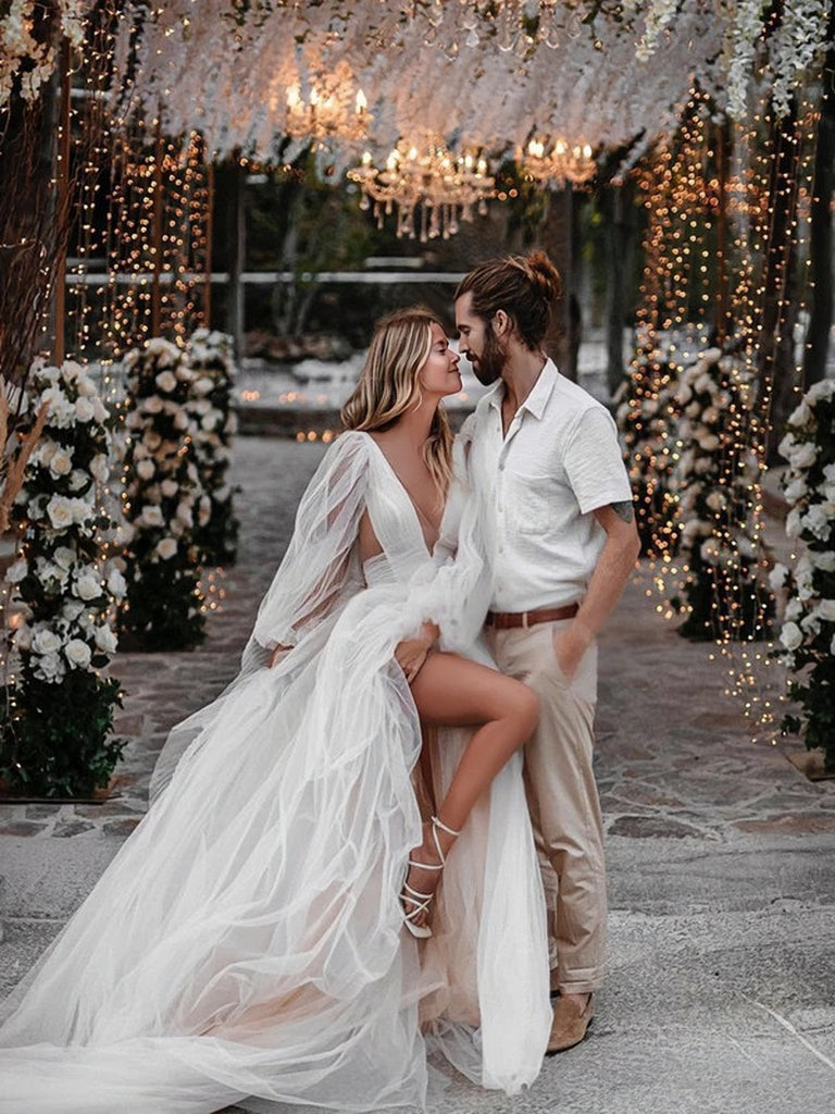 2023 Long Sleeves Cut Out A Line Tulle Bohemian Wedding Dress – Sassymyprom