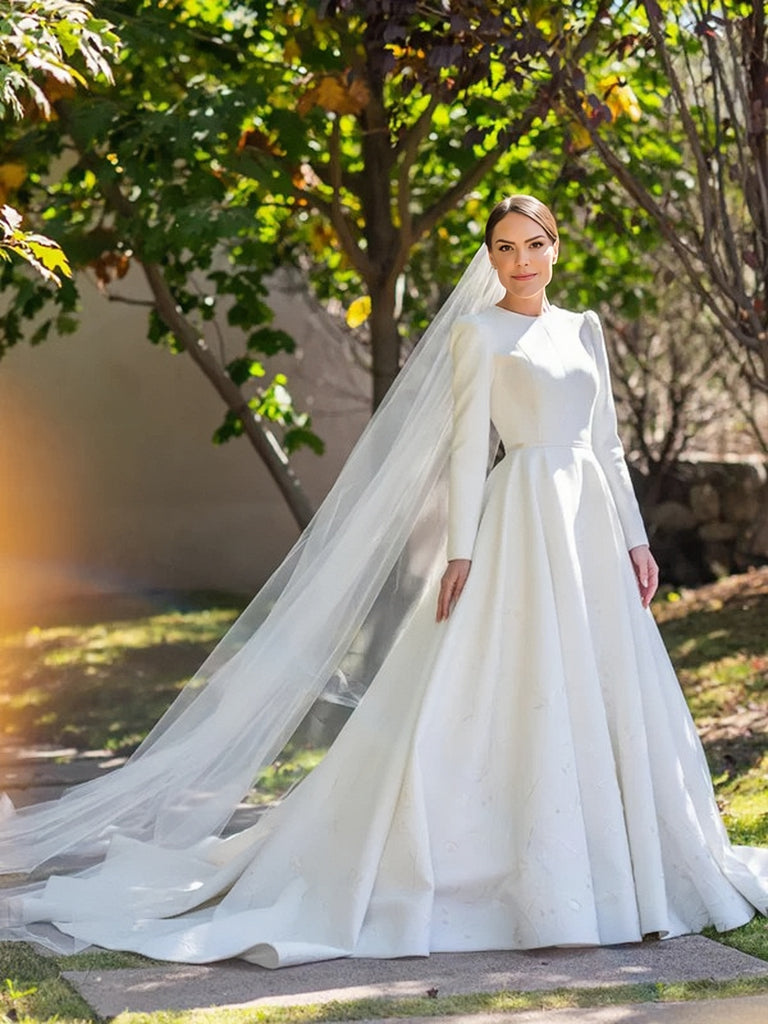 Backless A Line Satin Long Sleeve Buttons Wedding Dress Backless A Line Satin Long Sleeve Buttons Wedding Dress