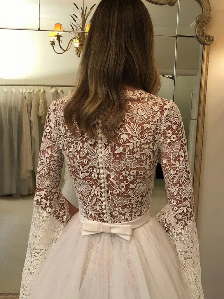 2023 Long Sleeve Lace A Line Belt Wedding Dress With Tulle Train Custom Made / As the picture