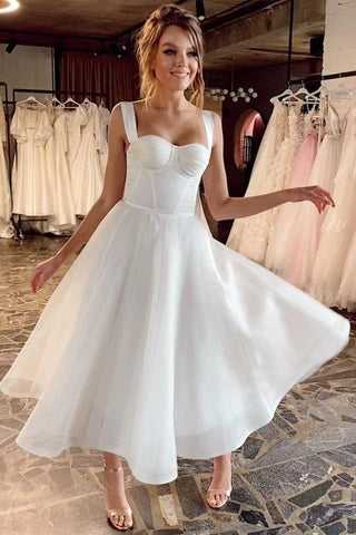 Tea Length Organza A Line Straps White Wedding Dress