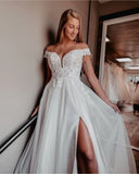 Straps A-line Tulle Off-the-shoulder Wedding Dress With Slit