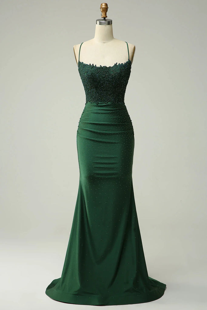 Backless Spaghetti Straps Appliques Dark Green Prom Dress Sassymyprom Backless Spaghetti Straps Appliques Dark Green Prom Dress Sassymyprom