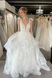 Ruffles Appliques A Line V Neck Tulle Wedding Dress
