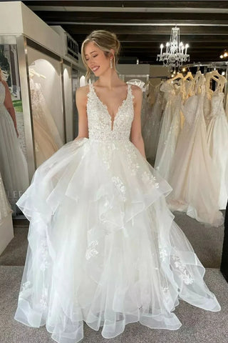 Ruffles Appliques A Line V Neck Tulle Wedding Dress