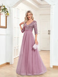 Burgundy Chiffon Half Sleeve Waist Sequin Long Dres