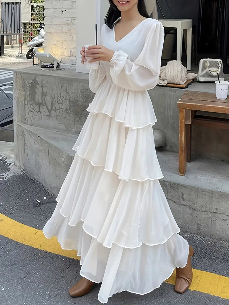 White V Neck Long Sleeve Maxi Ruffle Layered Dress Sassymyprom