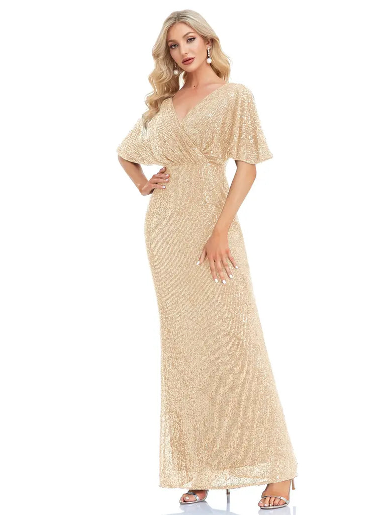 Chic Gold Sequined Maxi Dress with Flutter Sleeves Chic Gold Sequined Maxi Dress with Flutter Sleeves