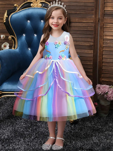 Girls Unicorn Colorful Print Mesh Princess Tutu Dress