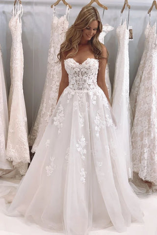 Sweetheart Appliques Tulle A Line Sheer Wedding Dress