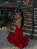 Beading Sequins Red Spaghetti Straps Mermaid Evening Dress