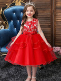 Girls Princess Red Flower Embroidery Tutu Dress