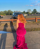 Beading Sequins Red Spaghetti Straps Mermaid Evening Dress