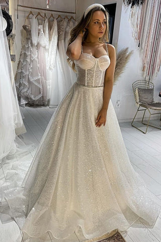 Bling Bling Spaghetti Straps Sequin Tulle A Line Wedding Dress