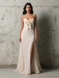A Line Spaghetti Straps Ivory Chiffon Bow Prom Dress With Slit