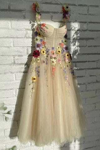 Floral Sweetheart Tulle A Line Champagne Prom Dress