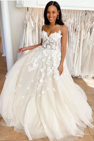 Floral Lace A Line Appliques Sweetheart Wedding Dress