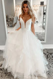 Tulle A Line  V Neck Mesh A Line Ruffles Wedding Dress