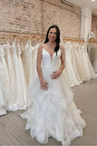 Tulle A Line  V Neck Mesh A Line Ruffles Wedding Dress