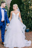 Tulle A Line  V Neck Mesh A Line Ruffles Wedding Dress