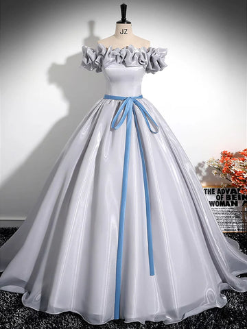 A-Line Off Shoulder Ruffles Gray Satin Prom Dress