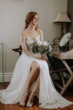 Sheer Lace Long Sleeves Floor Length Wedding Dress With Slit